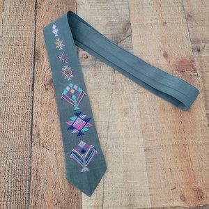 Gray Men's Necktie with Aztec-Inspired Embroidery